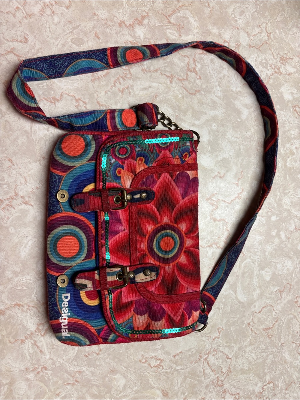 Desigual Red Multicolor Floral & Geometric Crossbody Bag